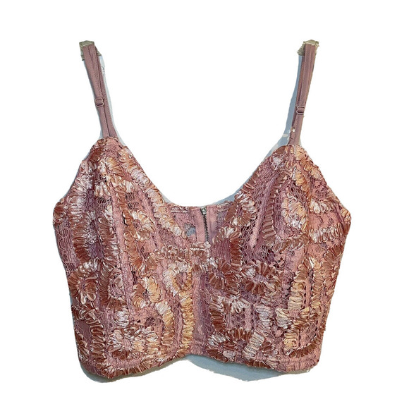 Charlotte Russe Tops - Charlotte Russe Medium Bustier Lace Crop Top Pink Ribbon Shiny Minimalist